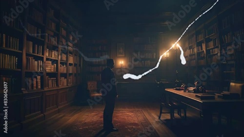 In a dimly lit library, a cloaked figure stands in front of a wooden desk. There is an open book on the desk. A bolt of lightning is striking the book photo