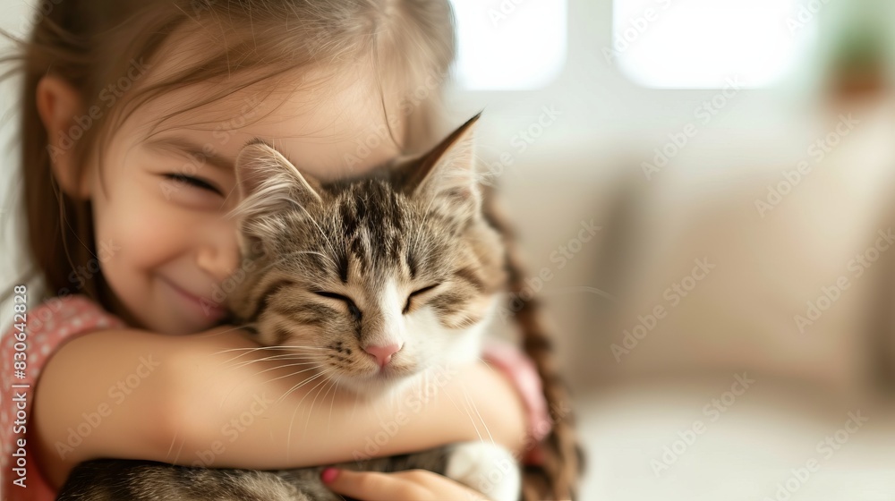 Little happy girl tenderly hugs her puppy tightly in a bright spacious living room. Friendship concept between humans and animals
Little happy girl tenderly hugs her puppy tightly in a bright spacious living room. Friendship concept between humans and animals