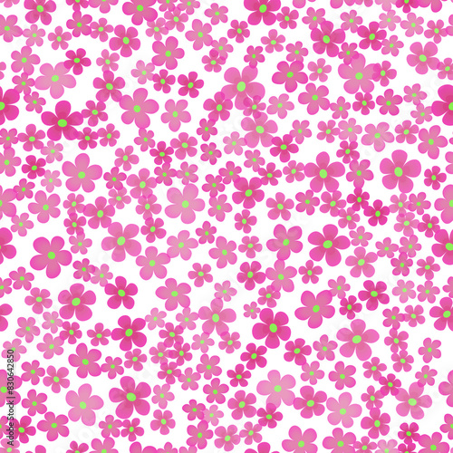 Many small bright pink flowers on white background. Seamless pattern with flowers. Forget-me-not flower. Design in rustic style for girls. Illustration for paper, textile, cards.