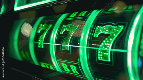 Casino machine showing triple seven with green neon light