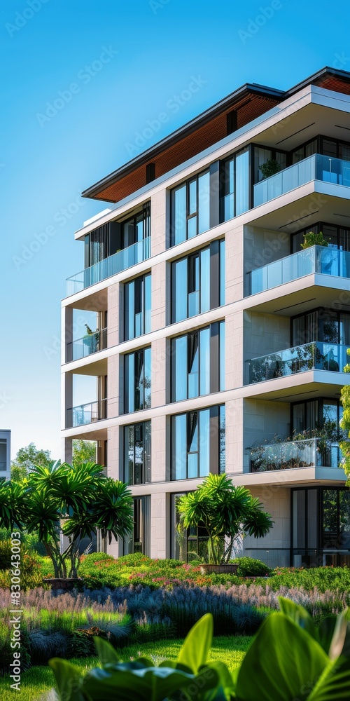 Modern apartment building with lush green garden, balconies, and contemporary design under a clear blue sky, perfect urban living. Modern apartment building with lush green garden, balconies, and contemporary design under a clear blue sky, perfect urban living.