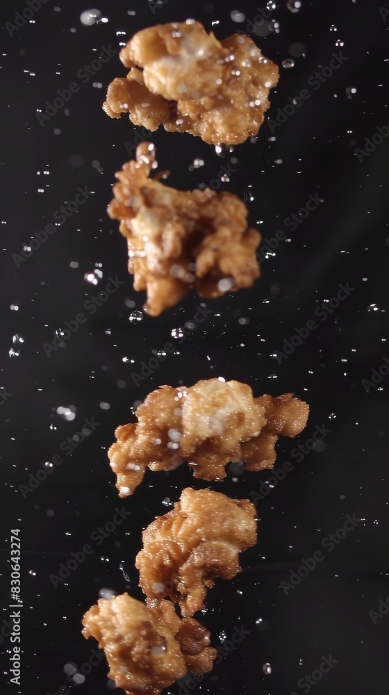 Freeze motion of fried chicken wings or fresh fried chicken strips, closeup Freeze motion of fried chicken wings or fresh fried chicken strips, closeup