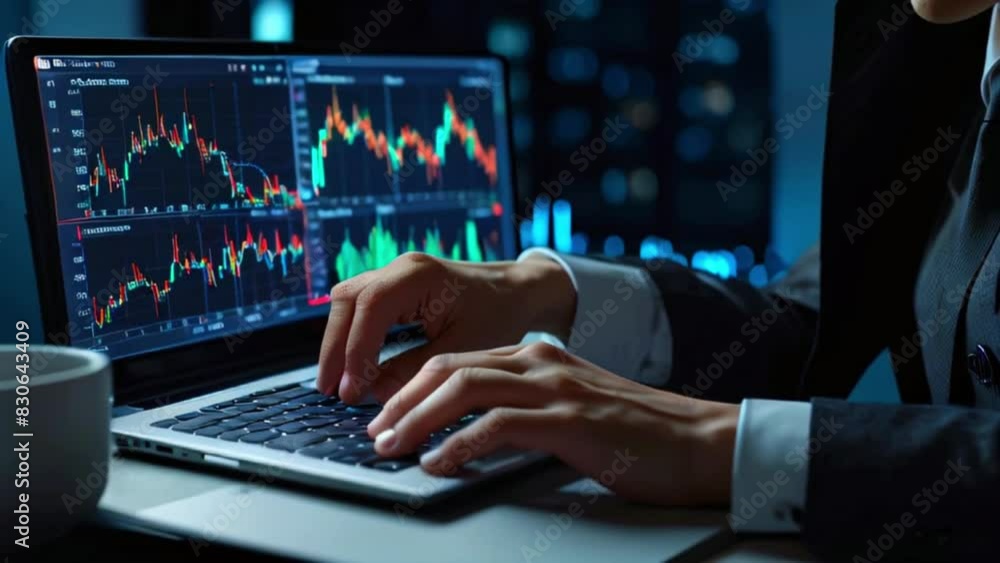 A businessman in a suit is using a laptop computer. The screen shows graphs and charts. A businessman in a suit is using a laptop computer. The screen shows graphs and charts.