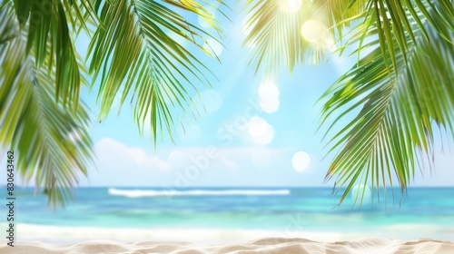 Capture the essence of tropical paradise with a photo featuring a clean beach with soft white sand, palm tree leaves framing the scene, illuminated by sunlight against a backdrop of clear blue.