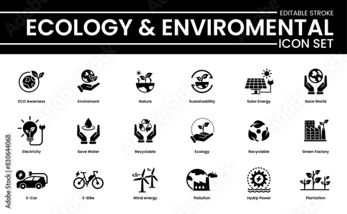 Comprehensive Ecology Icon Set. Environment Protection, Biodiversity, Climate Change, Renewable Resources, Green Energy, Eco-Awareness, Sustainable Practices. Solid Icons Vector Collection. 