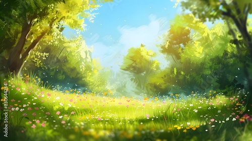 Sunny spring day with a blurred background of a blooming glade  lush trees  and a clear blue sky