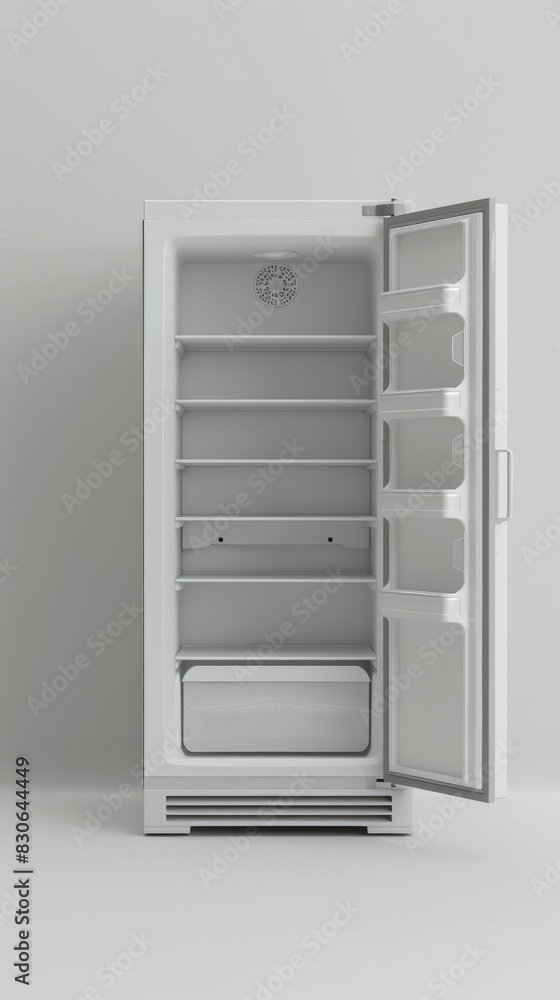 Refrigerator is open to show its internal components. Refrigerator is open to show its internal components.