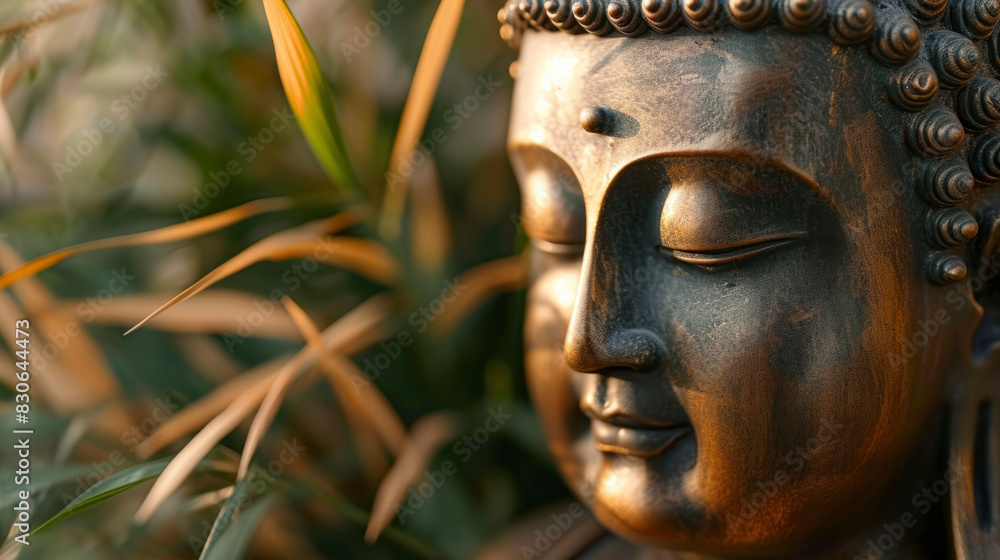 Fototapeta premium Close up of dull bronze buddha head statue among the leaves