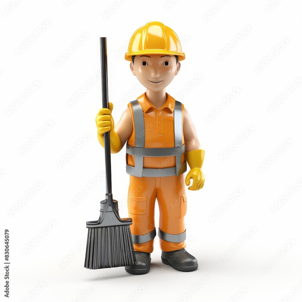 Cartoon janitor with broom isolated on white background Cartoon janitor with broom isolated on white background