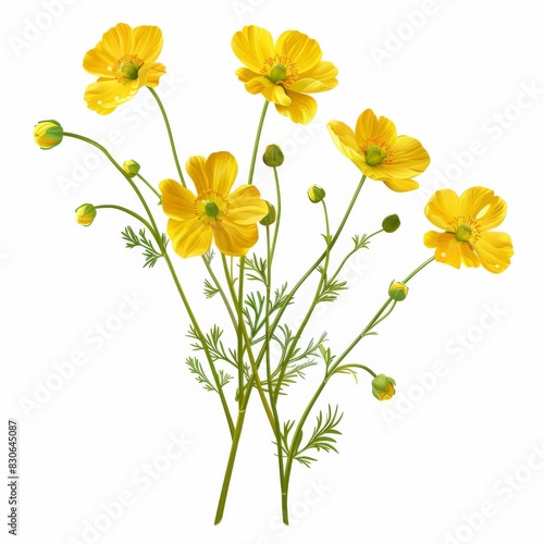 Vibrant yellow buttercup flowers bloom on a pure white background