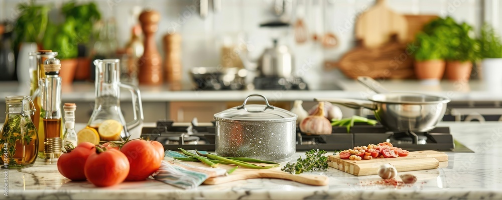 home kitchen scene with an array of fresh ingredients and cookware on the countertop home kitchen scene with an array of fresh ingredients and cookware on the countertop