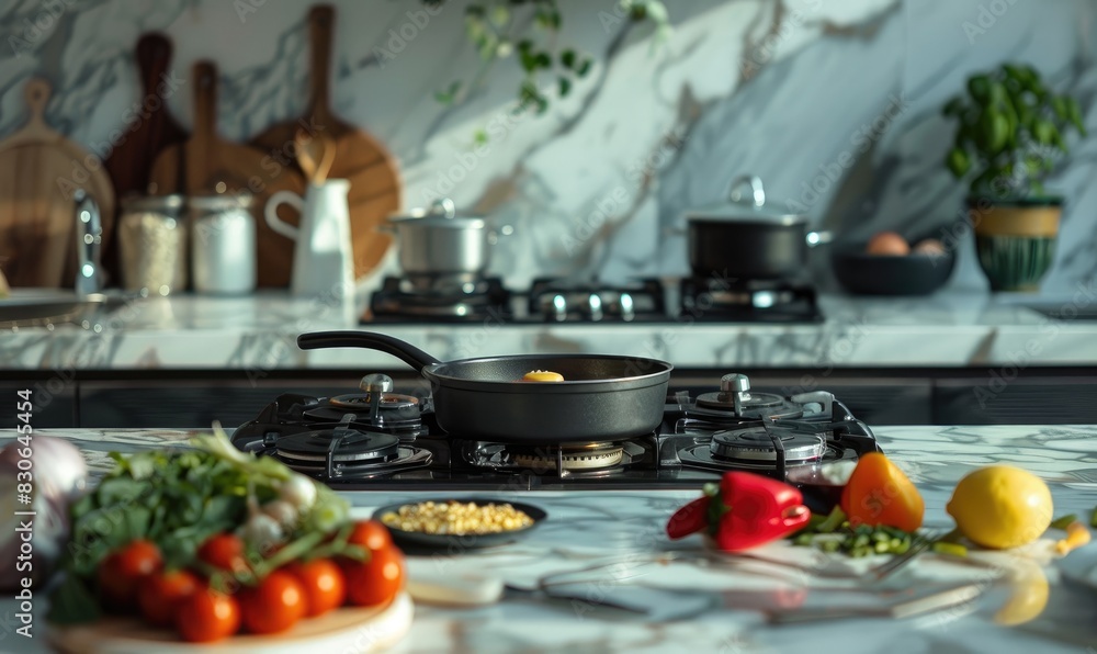 home kitchen scene with an array of fresh ingredients and cookware on the countertop home kitchen scene with an array of fresh ingredients and cookware on the countertop