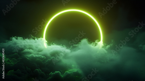 Cloud-dark sky framed by a bright chartreuse neon ring in a 3D widescreen presentation,