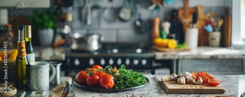 home kitchen scene with an array of fresh ingredients and cookware on the countertop