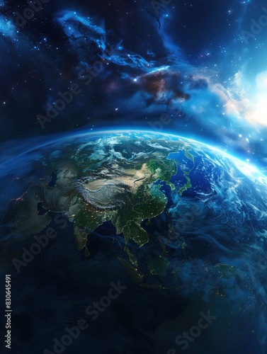 The Earth has a realistic geographic surface and a 3D cloud atmosphere with its orbit. View of the outer space of the world's planet Earth © 567