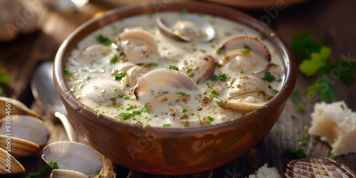 A cozy bowl of clam chowder creamy and brimming with plump tender clams. 