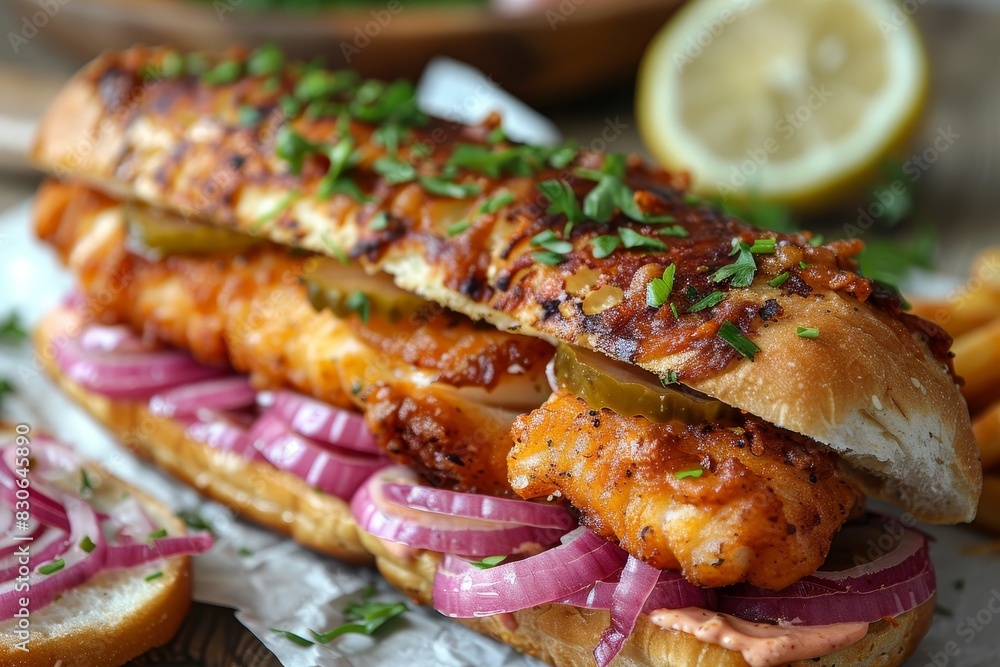 Fischbrötchen - Fish sandwich with pickles, onions, and remoulade sauce. Fischbrötchen - Fish sandwich with pickles, onions, and remoulade sauce.