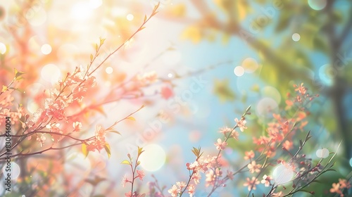 Spring background with blurred blooming flowers  tall trees  and a sunny blue sky