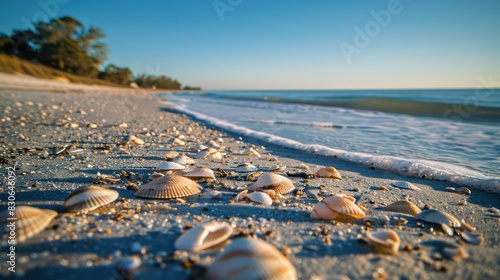 Fototapeta Naklejka Na Ścianę i Meble -  Highlight the tranquility of coastal getaways with an image showcasing an empty sand beach dotted with shells, framed by the tranquil waters of a summer sea.