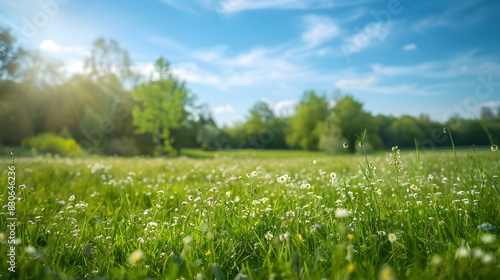 Blurred spring scenery with a blooming meadow  green trees  and a clear blue sky on a sunny day