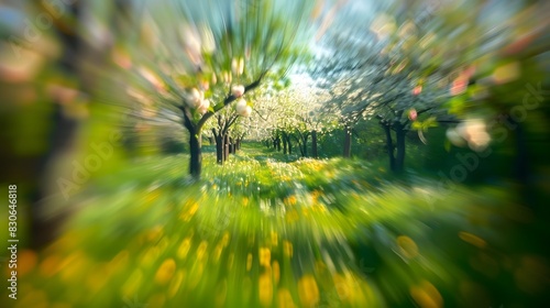 Beautiful blurred springtime nature with blooming glade, trees, and a bright blue sky photo