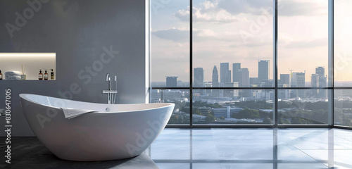 A modern bathroom with a freestanding tub  floor-to-ceiling windows  and panoramic views