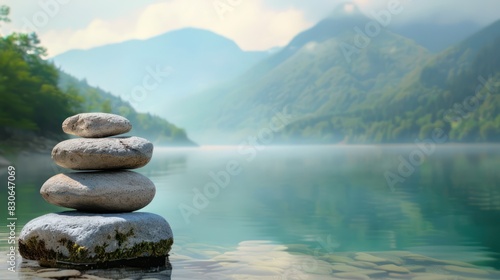 Emphasize the rejuvenating and revitalizing properties of your cosmetics with an image showcasing a stone pedestal display set against the serene waters of a lake, with the morning sky.