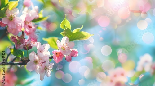 Blurred spring background with blooming flowers, vibrant trees, and a blue sky on a sunny day © The_Billy