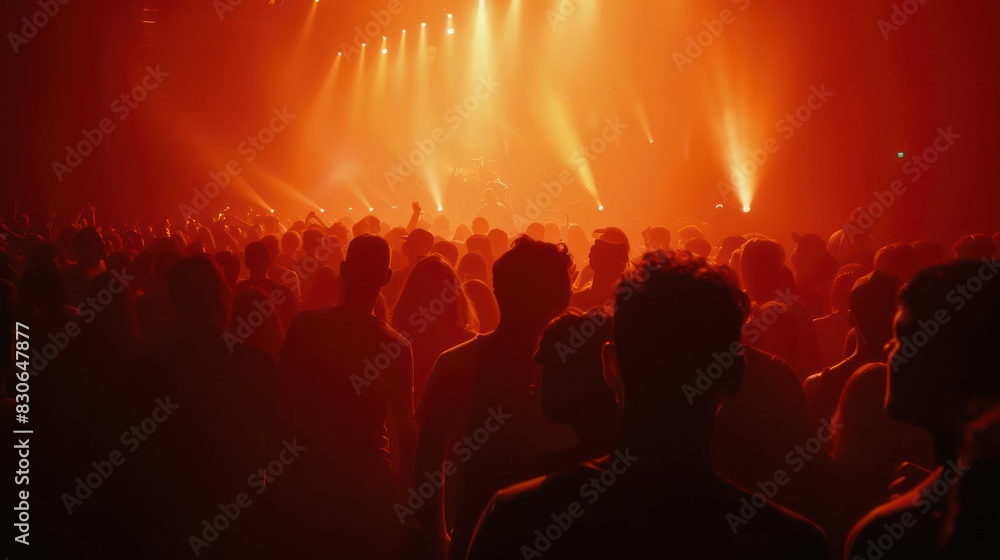 Emphasize the enchanting ambiance of summer nights with a photo showcasing the silhouettes of a crowd enveloped in darkness, their outlines illuminated by the glow of stage lights. Emphasize the enchanting ambiance of summer nights with a photo showcasing the silhouettes of a crowd enveloped in darkness, their outlines illuminated by the glow of stage lights.
