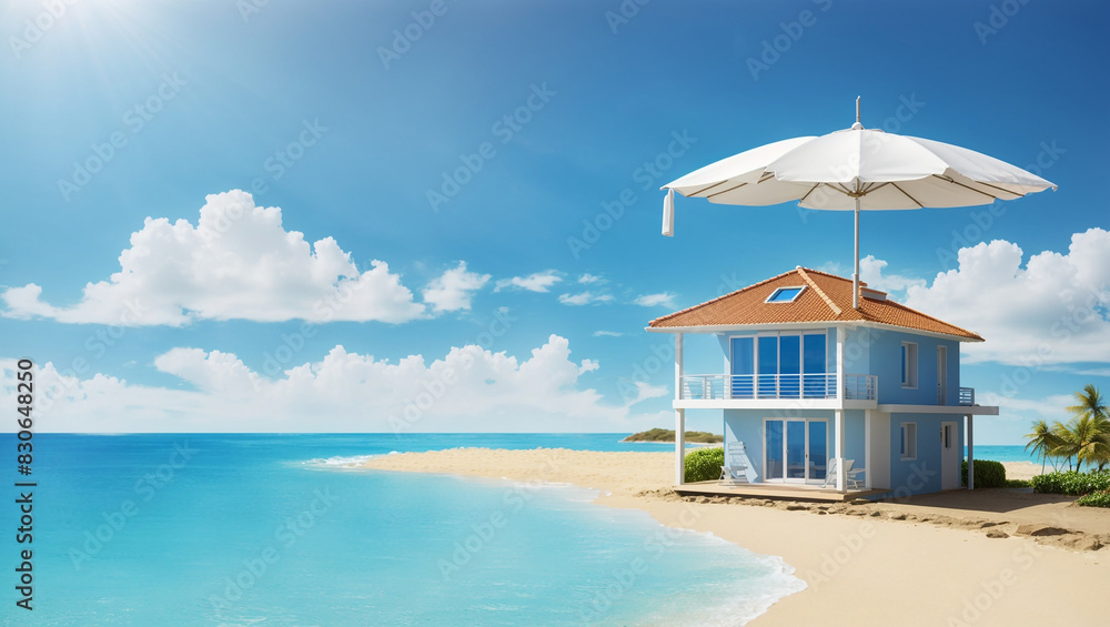 A pink umbrella, beach balls, A pink umbrella, beach balls,