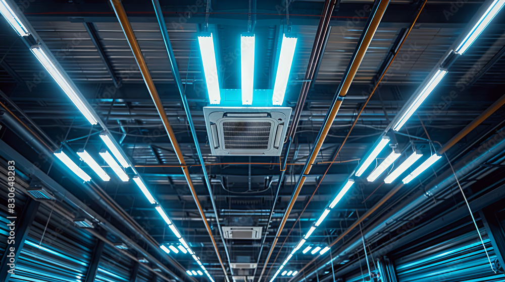 Obraz premium Ceiling-mounted cassette-type air conditioning units, accompanied by additional components of the ventilation system such as tubes, cables, and vents, situated within a commercial hall with suspended 