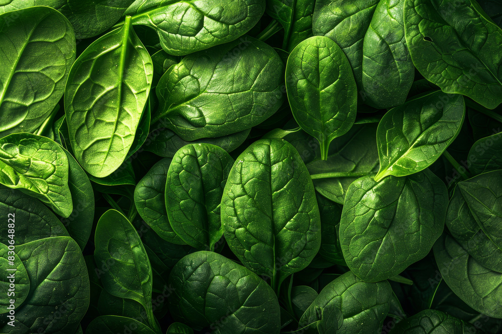 Obraz premium Fresh Vibrant Green Spinach Leaves Close-Up