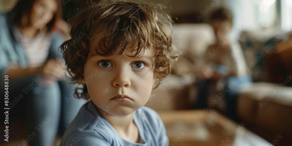 Little boy sitting on table in living room looking at camera, home interior portrait Little boy sitting on table in living room looking at camera, home interior portrait
