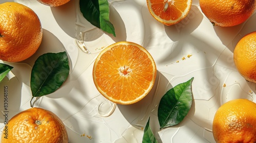 Vibrant fresh oranges with lush green leaves, close-up shot of citrus fruits, healthy nutrition concept, natural sunlight illumination, organic farming harvest, juicy orange citrus in bright compositi photo