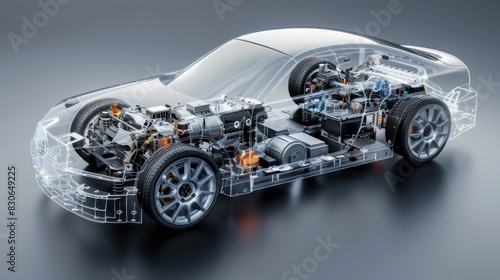 Realistic 3D model of a transparent car body design, showcasing the mechanical and electronic systems inside (close up, cutting-edge design, vibrant, Fusion, automotive design studio backdrop)