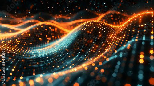 Futuristic digital abstract image with glowing wave composed of orange and blue particles