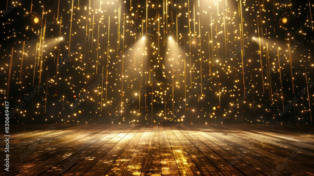 Obraz premium Capture the enchantment of a special occasion with an elegant golden stage illuminated diagonally, its radiant lighting effects and sparkles infusing the scene with a sense of wonder.