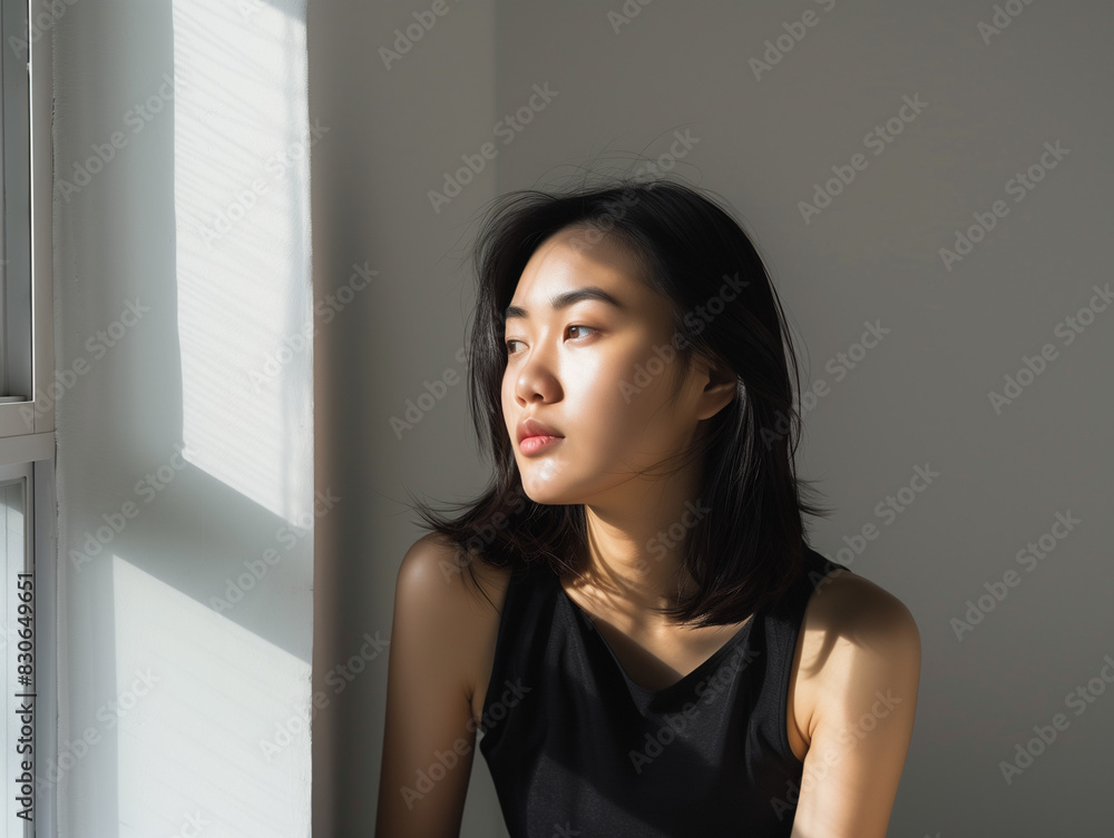 Beautiful asian woman sitting near the window in cozy room, natural sun light, lonely and thinking of someone. Beautiful asian woman sitting near the window in cozy room, natural sun light, lonely and thinking of someone.