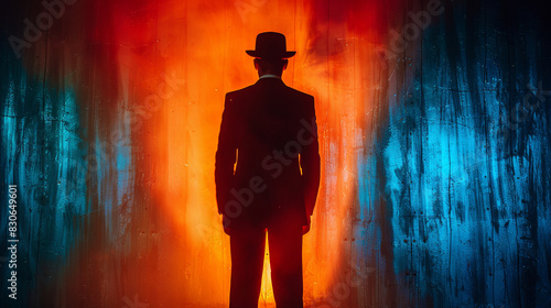 silhouette of back view of male illusionist on the scene with smoke