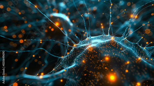 Abstract sci-fi image of glowing blue and orange neurons and synapses forming a luminous network
