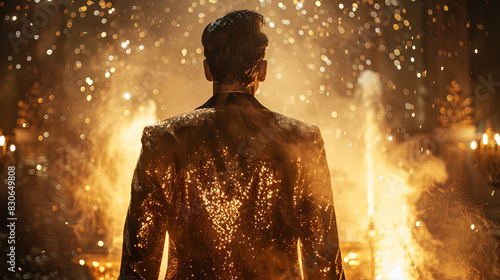 silhouette of back view of male illusionist in the gold suit
