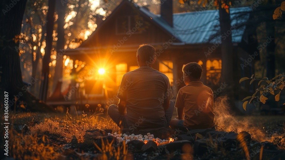 Fototapeta premium Family Bonding: Father and Kids Enjoying Backyard Camping, Roasting Marshmallows, and Storytelling by Fire Pit