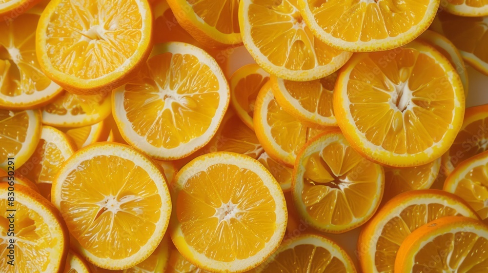Vibrant citrus: fresh orange slices arranged as a background texture, ideal for summer themes, healthy eating concepts, and refreshing beverage advertisements Vibrant citrus: fresh orange slices arranged as a background texture, ideal for summer themes, healthy eating concepts, and refreshing beverage advertisements