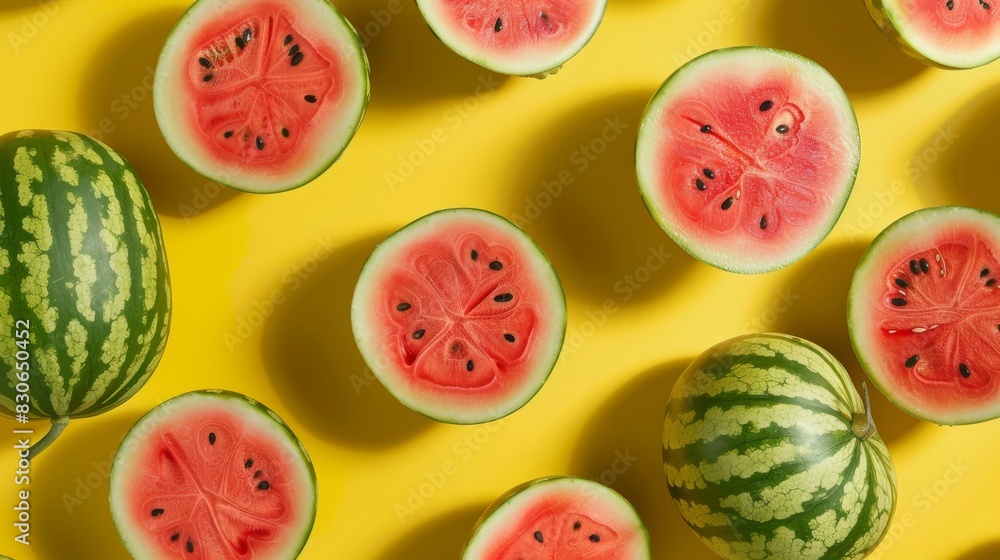 Watermelons slices pattern on bright yellow background, top-down view. Watermelons slices pattern on bright yellow background, top-down view.