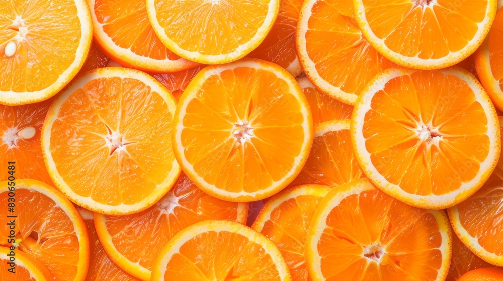 Vibrant citrus: fresh orange slices arranged as a background texture, ideal for summer themes, healthy eating concepts, and refreshing beverage advertisements Vibrant citrus: fresh orange slices arranged as a background texture, ideal for summer themes, healthy eating concepts, and refreshing beverage advertisements