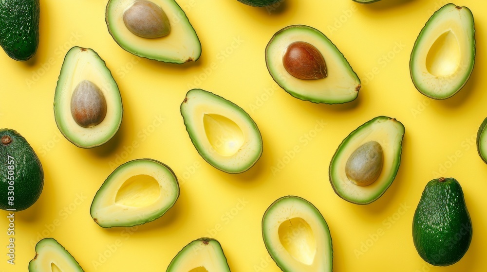Playful avocado pattern slices and whole on a bright yellow background.
Playful avocado pattern slices and whole on a bright yellow background.