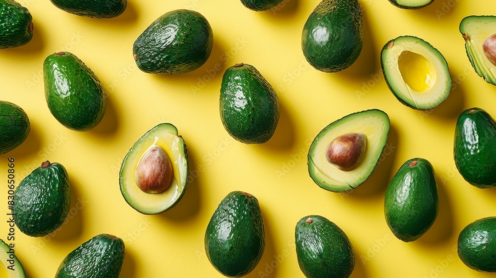 Playful avocado pattern slices and whole on a bright yellow background.
Playful avocado pattern slices and whole on a bright yellow background.