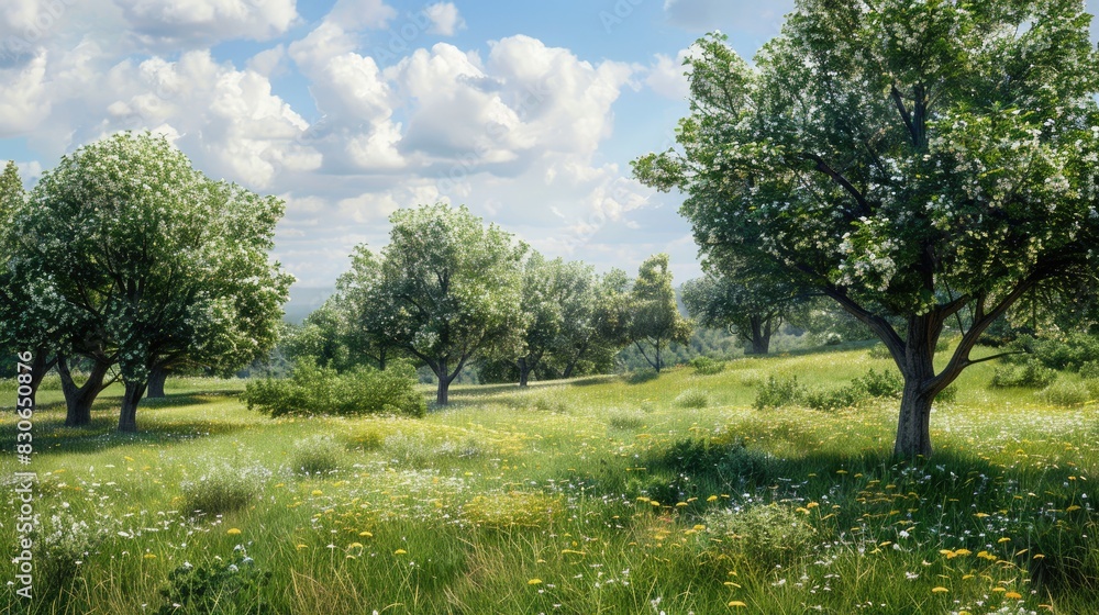 Summer landscape featuring apple trees and ailing vegetation Green farm trees among summer grass