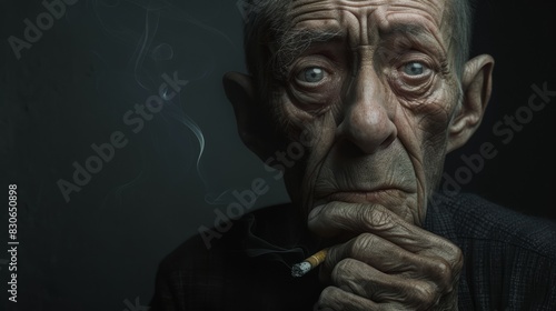 Old man smokes with a sad expression, World No Tobacco Day