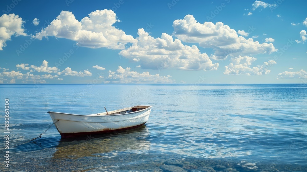 Scenic seascape with boat, blue sky and clouds. Relaxing boat trip on a calm sea with clear skies. 